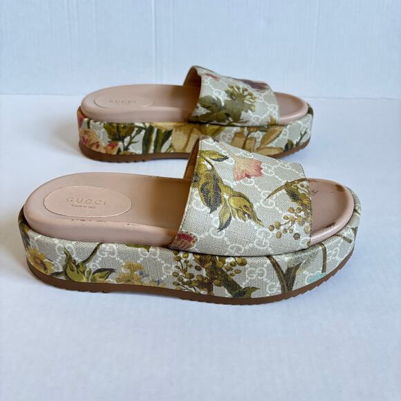Gucci Angelina Platform Slide Sandals Beige GG Monogram Floral Canvas Size EU 38 - Picture 9 of 14